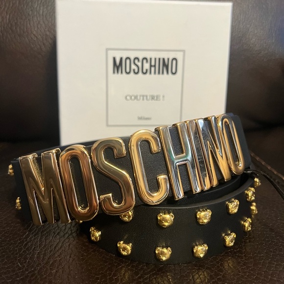 BLOWOUT SALE!!! FINAL!! Moschino unisex logo teddy bear studed Leather belt NWT - Picture 3 of 7